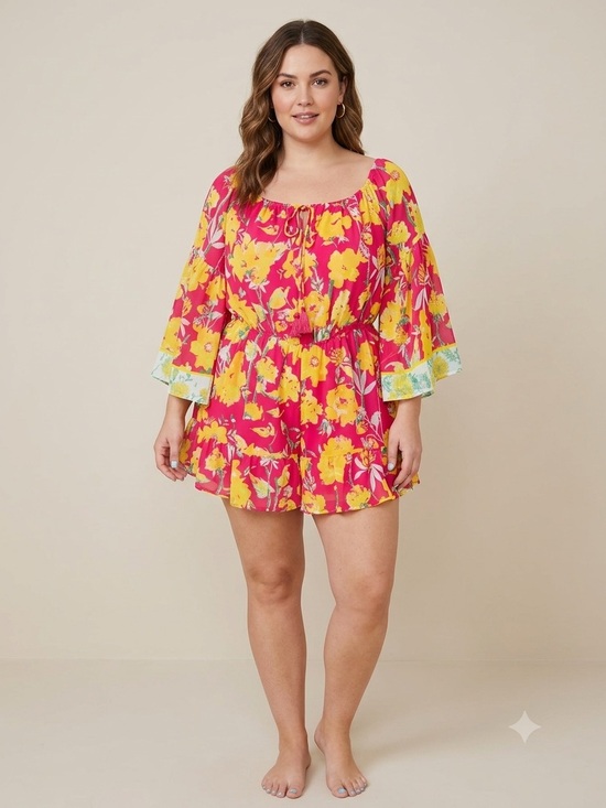 Flying Tomato Pants - Flying Tomato Floral Bell Sleeve Romper Pink Yellow Large